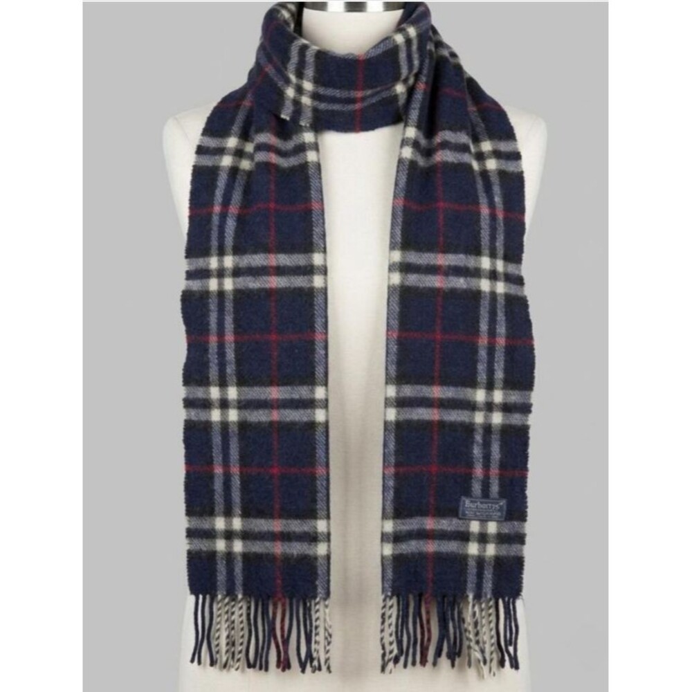 Vintage Burberrys Classic Plaid Scarf Navy Blue Gray Red Fringe Scarf NWT